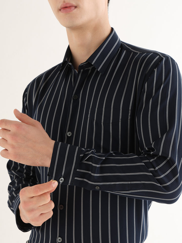 Hancock   Men   Navy Blue   Stripes   Pure Cotton   Slim Fit   Formal   Shirt