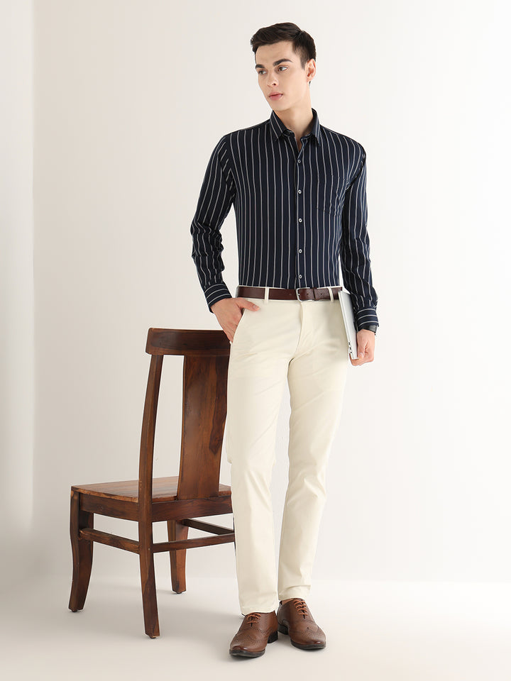 Hancock   Men   Navy Blue   Stripes   Pure Cotton   Slim Fit   Formal   Shirt