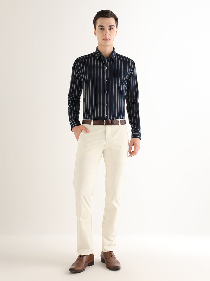 Hancock   Men   Navy Blue   Stripes   Pure Cotton   Slim Fit   Formal   Shirt