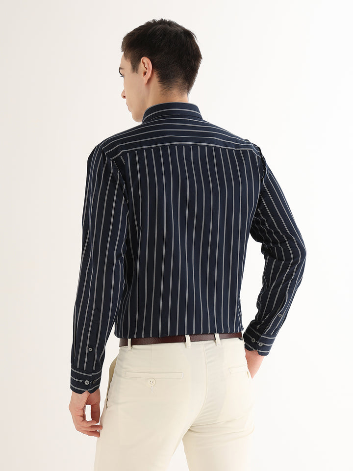 Hancock   Men   Navy Blue   Stripes   Pure Cotton   Slim Fit   Formal   Shirt
