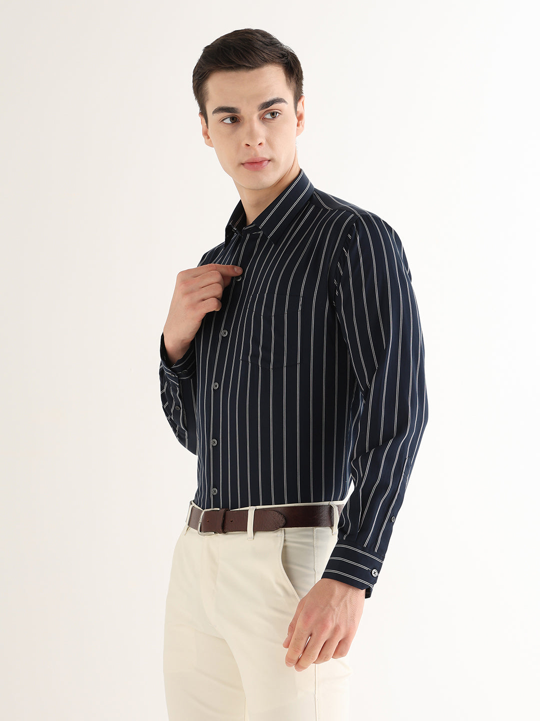 Hancock   Men   Navy Blue   Stripes   Pure Cotton   Slim Fit   Formal   Shirt