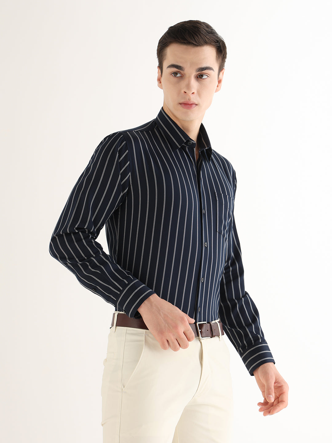 Hancock   Men   Navy Blue   Stripes   Pure Cotton   Slim Fit   Formal   Shirt