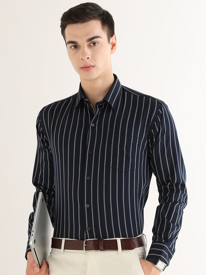 Hancock   Men   Navy Blue   Stripes   Pure Cotton   Slim Fit   Formal   Shirt