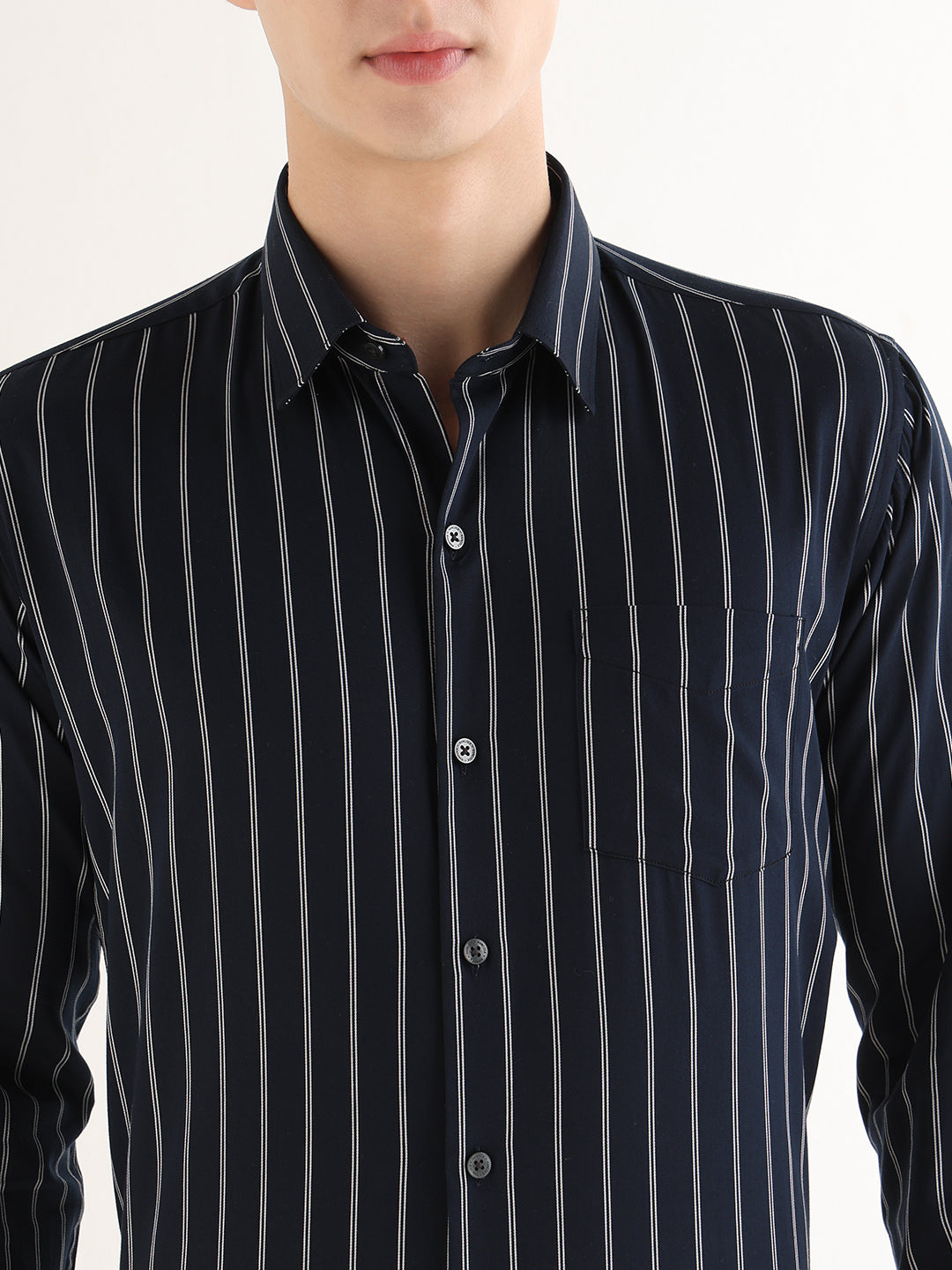 Hancock   Men   Navy Blue   Stripes   Pure Cotton   Slim Fit   Formal   Shirt