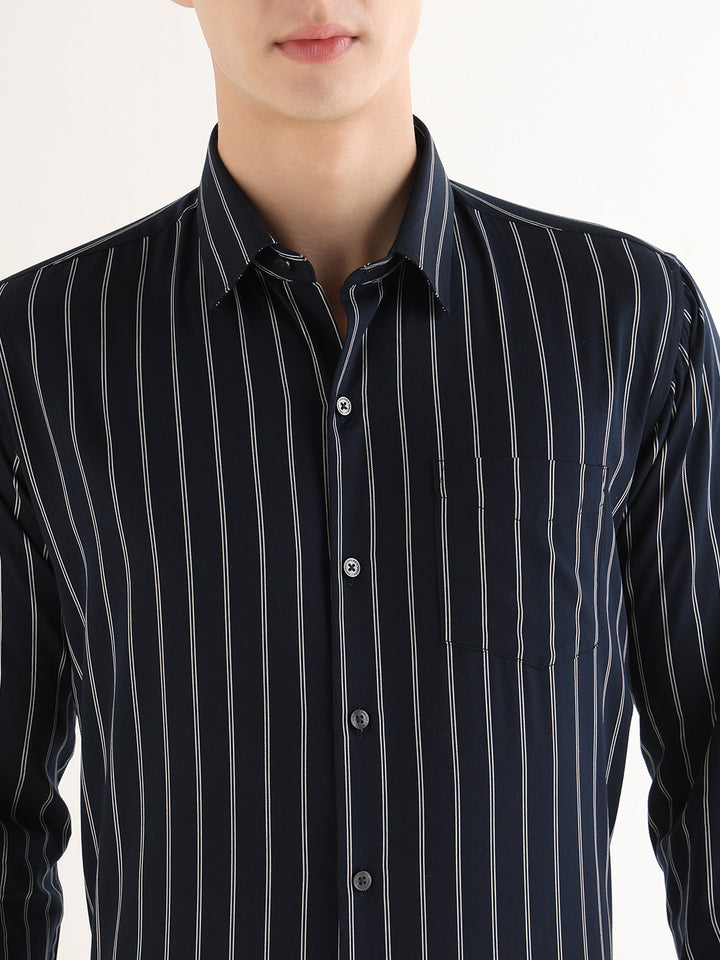 Hancock   Men   Navy Blue   Stripes   Pure Cotton   Slim Fit   Formal   Shirt