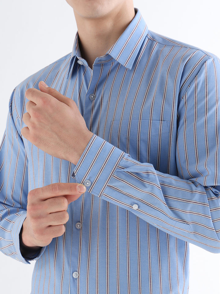 Hancock   Men   Blue   Stripes   Pure Cotton   Slim Fit   Formal   Shirt