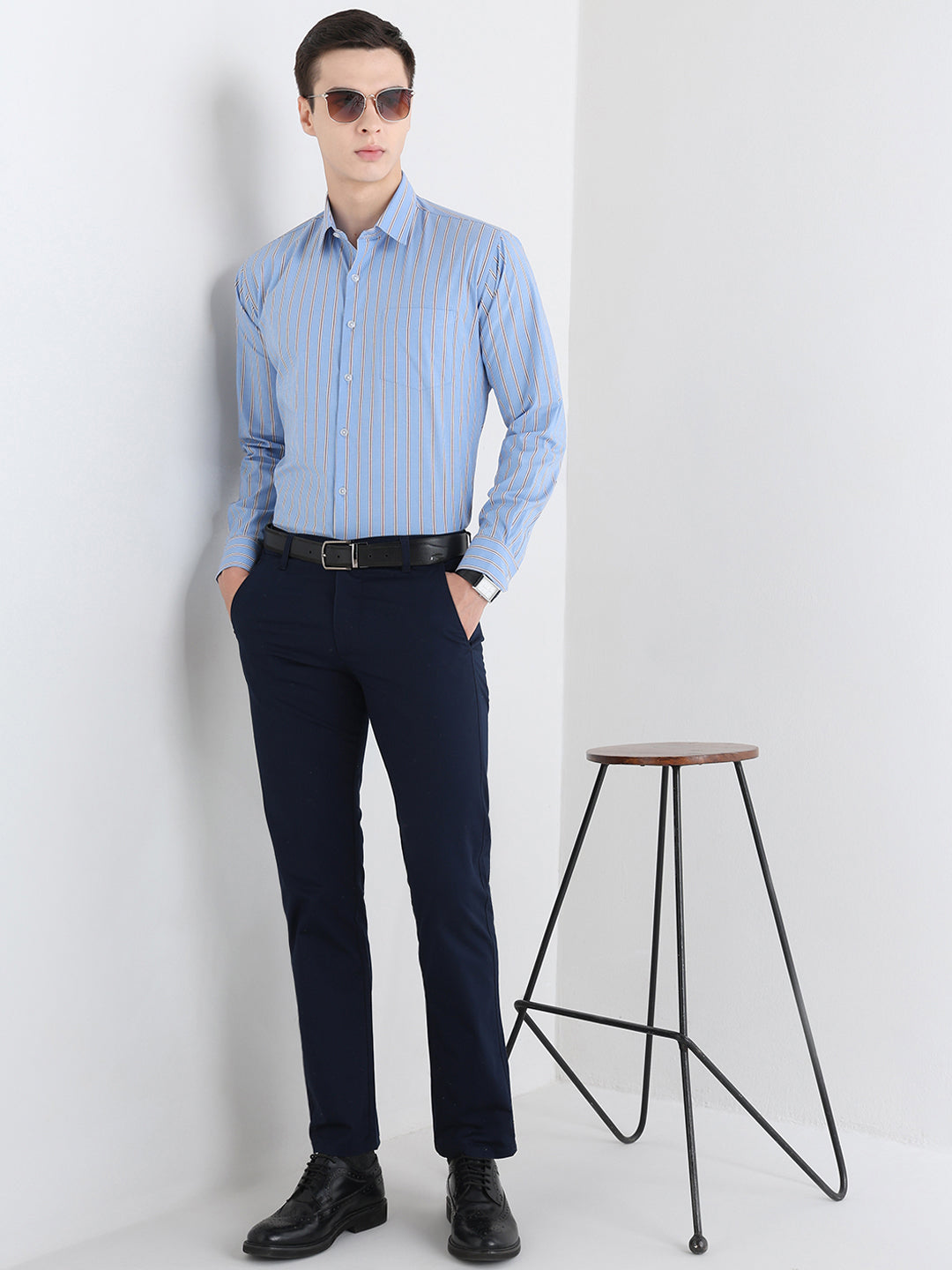 Hancock   Men   Blue   Stripes   Pure Cotton   Slim Fit   Formal   Shirt