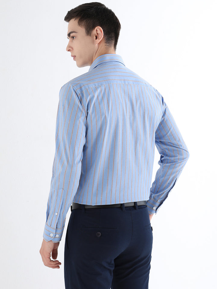 Hancock   Men   Blue   Stripes   Pure Cotton   Slim Fit   Formal   Shirt