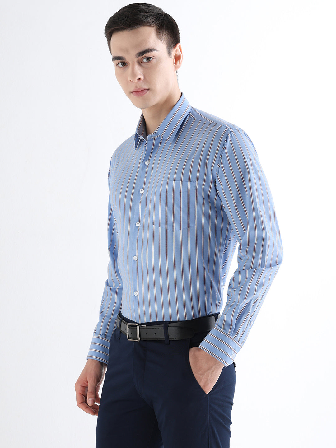 Hancock   Men   Blue   Stripes   Pure Cotton   Slim Fit   Formal   Shirt