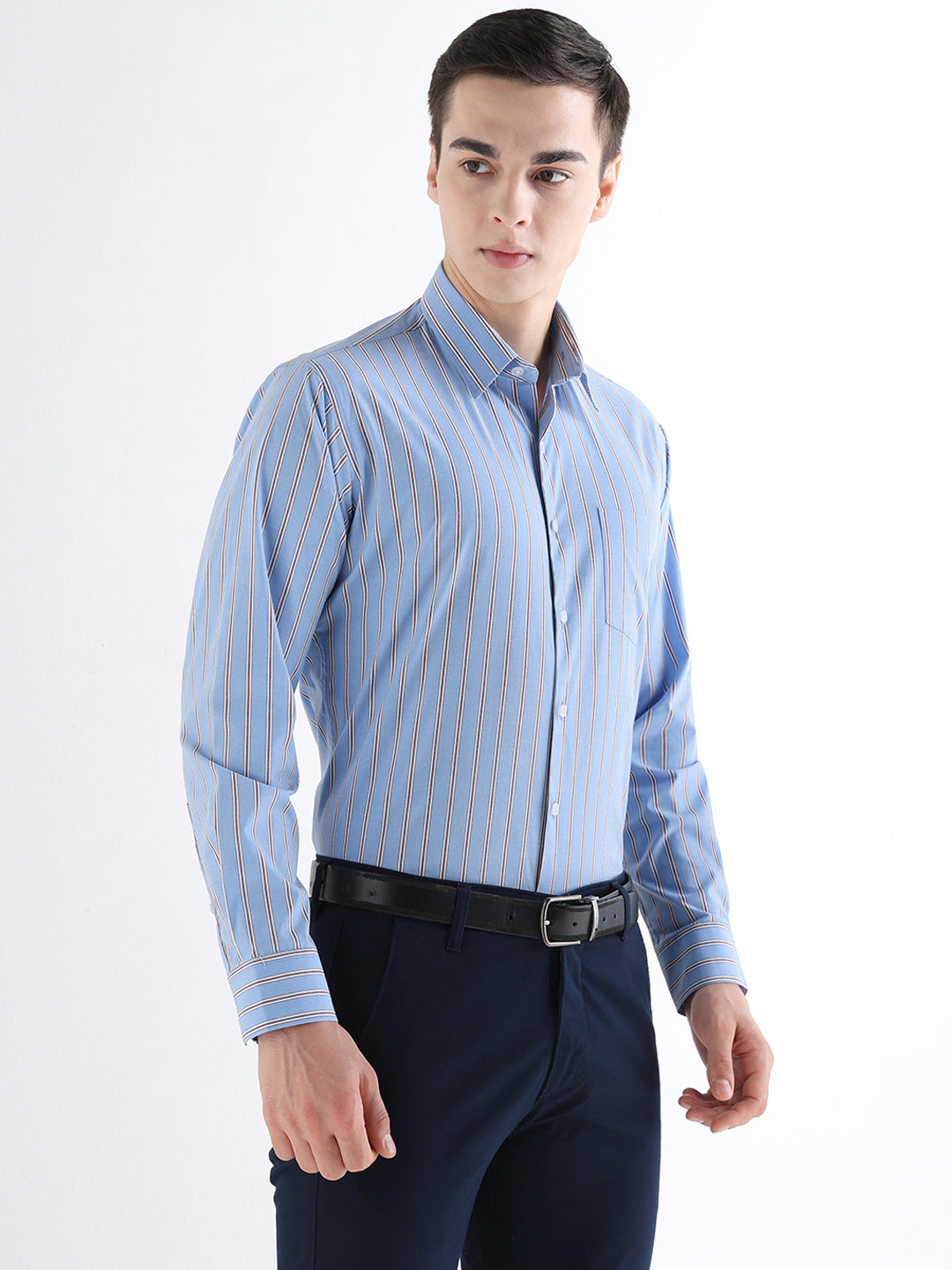 Hancock   Men   Blue   Stripes   Pure Cotton   Slim Fit   Formal   Shirt
