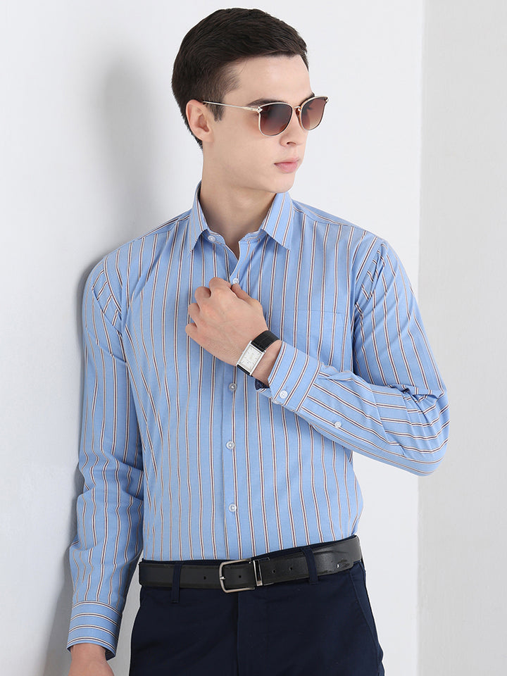 Hancock   Men   Blue   Stripes   Pure Cotton   Slim Fit   Formal   Shirt