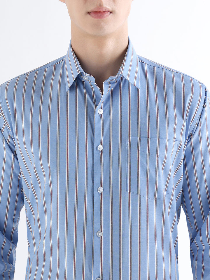 Hancock   Men   Blue   Stripes   Pure Cotton   Slim Fit   Formal   Shirt