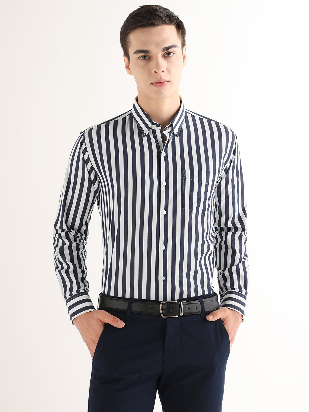 Hancock   Men   White & Navy Blue   Stripes   Pure Cotton   Slim Fit   Formal   Shirt