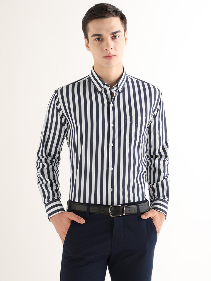 Hancock   Men   White & Navy Blue   Stripes   Pure Cotton   Slim Fit   Formal   Shirt