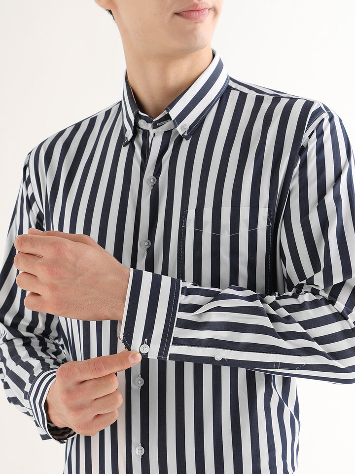 Hancock   Men   White & Navy Blue   Stripes   Pure Cotton   Slim Fit   Formal   Shirt