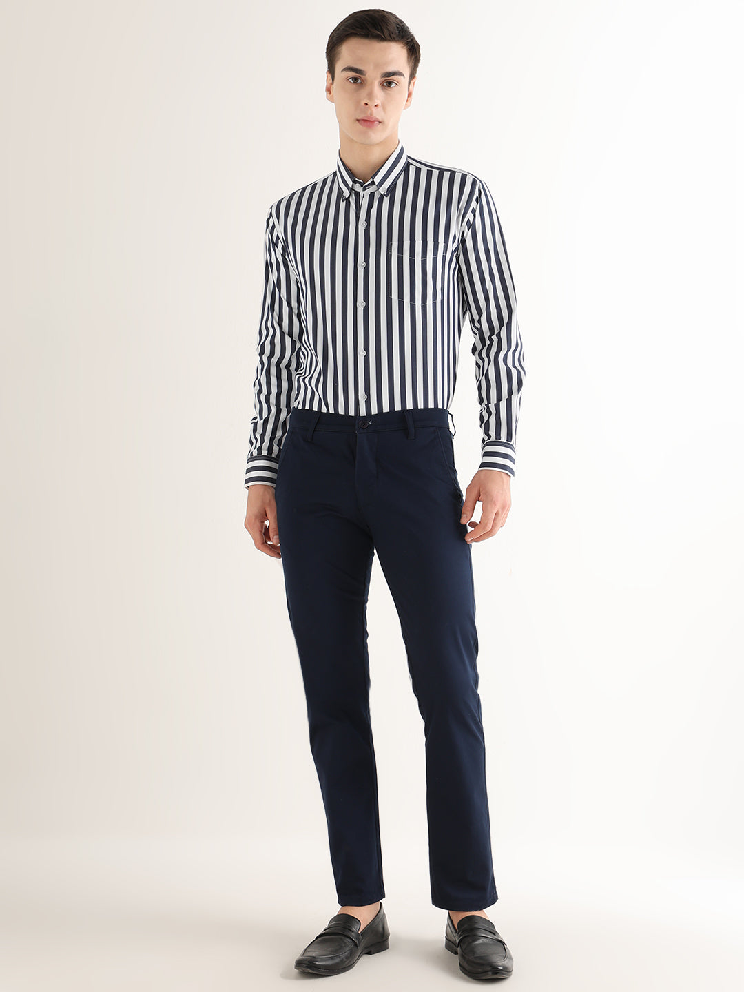 Hancock   Men   White & Navy Blue   Stripes   Pure Cotton   Slim Fit   Formal   Shirt
