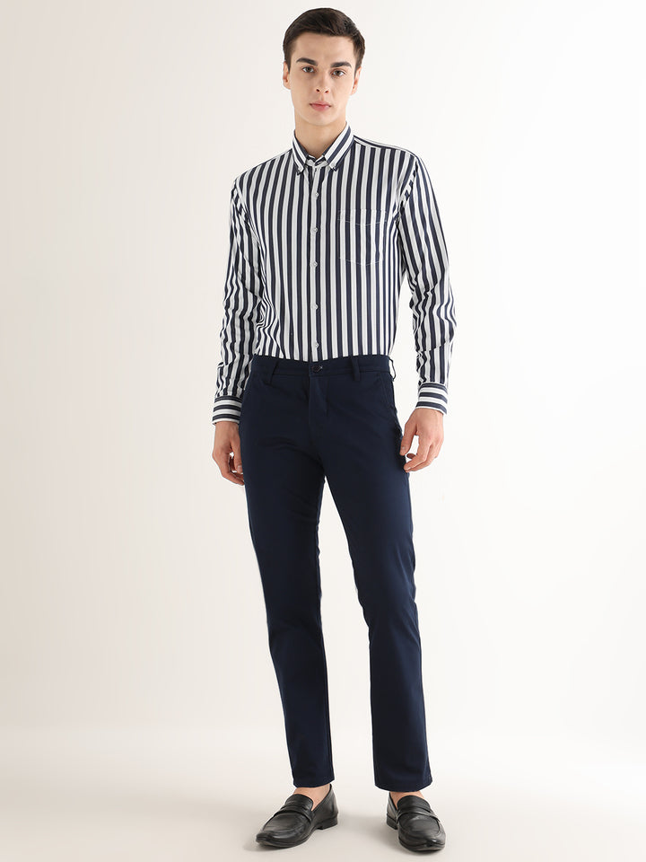 Hancock   Men   White & Navy Blue   Stripes   Pure Cotton   Slim Fit   Formal   Shirt