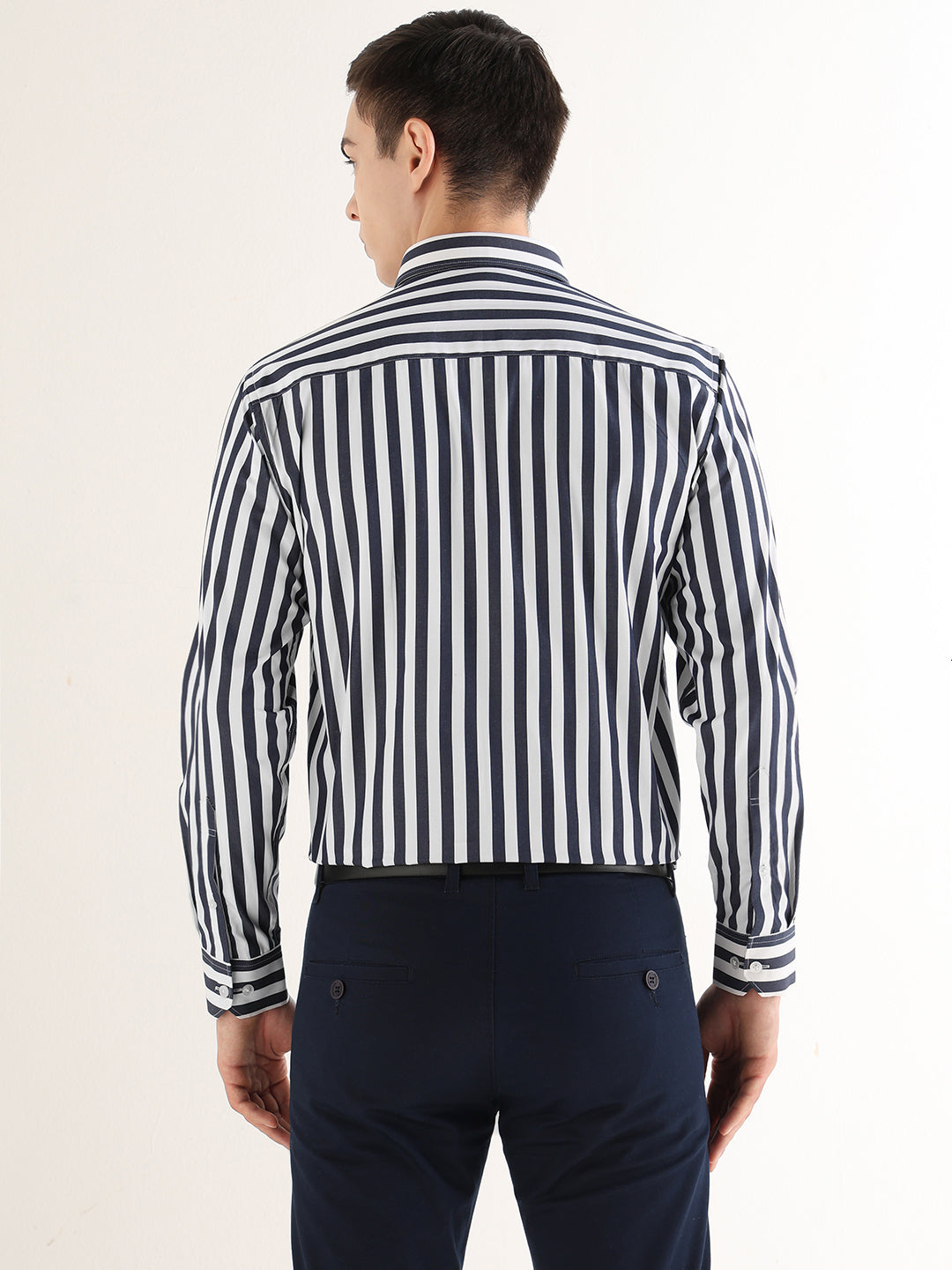 Hancock   Men   White & Navy Blue   Stripes   Pure Cotton   Slim Fit   Formal   Shirt