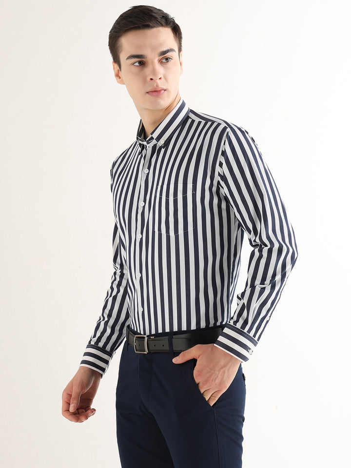 Hancock   Men   White & Navy Blue   Stripes   Pure Cotton   Slim Fit   Formal   Shirt