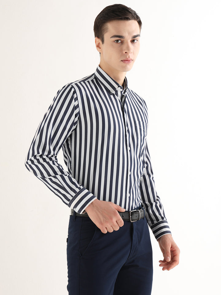 Hancock   Men   White & Navy Blue   Stripes   Pure Cotton   Slim Fit   Formal   Shirt
