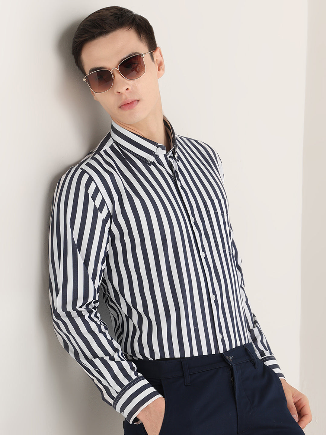 Hancock   Men   White & Navy Blue   Stripes   Pure Cotton   Slim Fit   Formal   Shirt