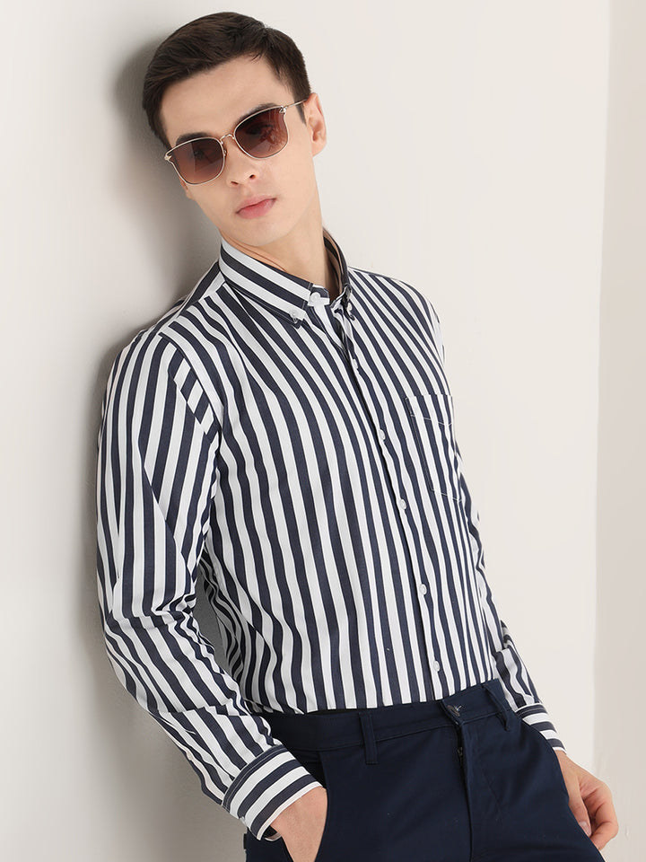 Hancock   Men   White & Navy Blue   Stripes   Pure Cotton   Slim Fit   Formal   Shirt