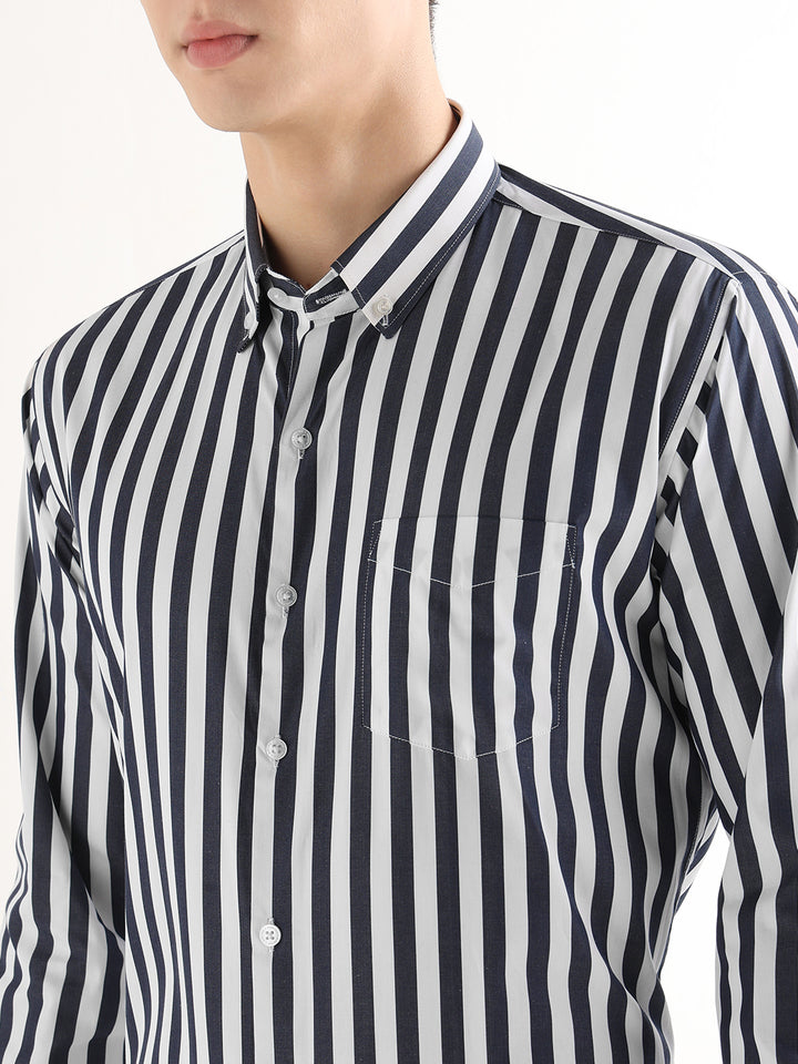Hancock   Men   White & Navy Blue   Stripes   Pure Cotton   Slim Fit   Formal   Shirt