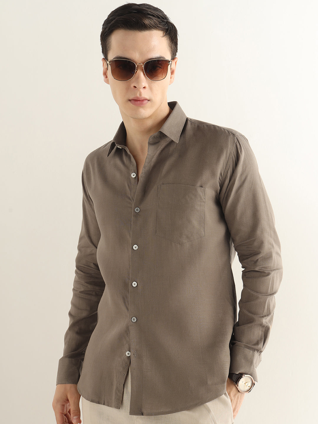 Hancock Men Khaki Solid Lyocell Slim Fit Formal Shirt