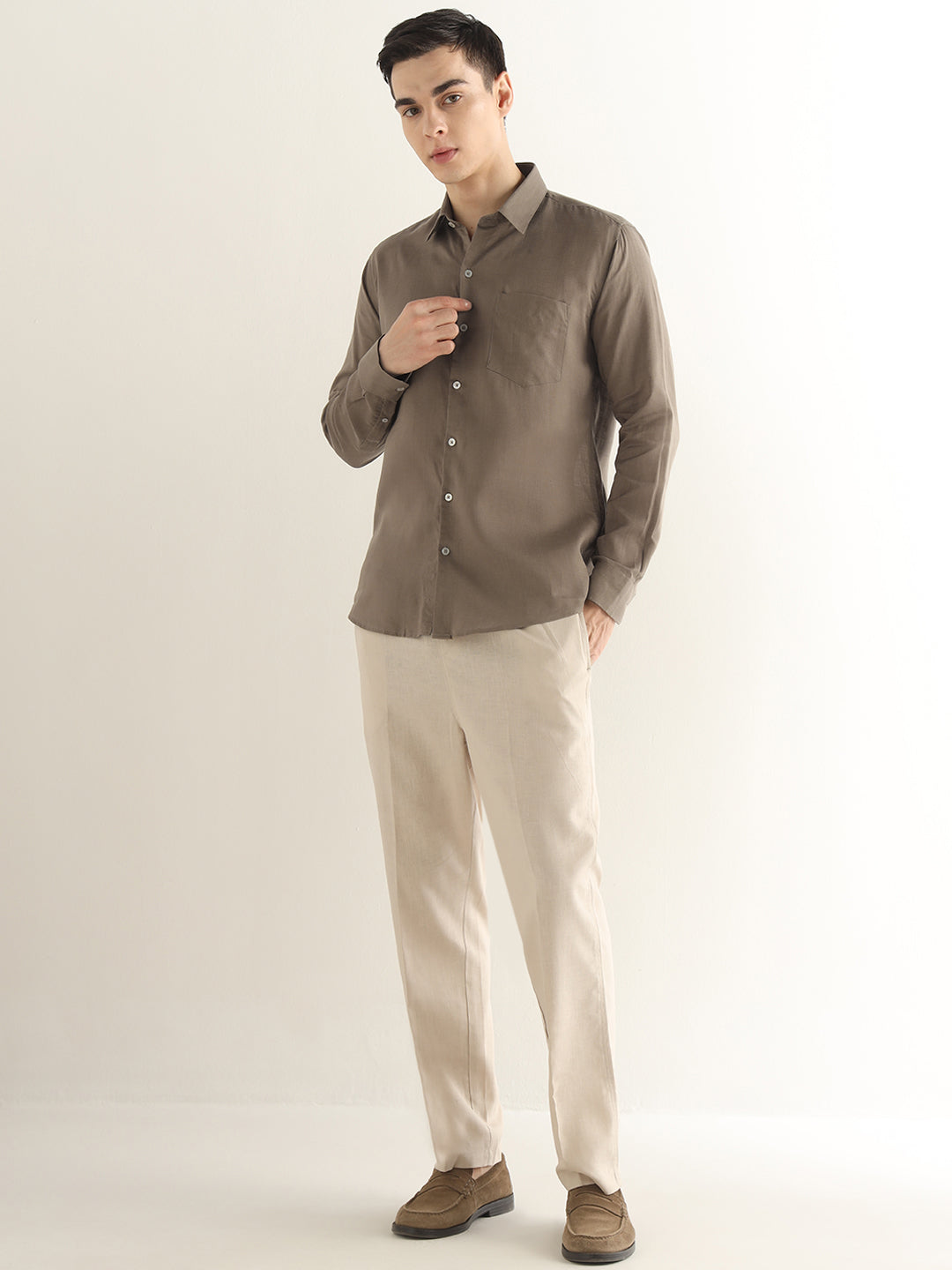 Hancock Men Khaki Solid Lyocell Slim Fit Formal Shirt