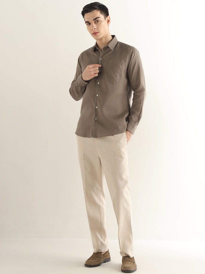 Hancock Men Khaki Solid Lyocell Slim Fit Formal Shirt