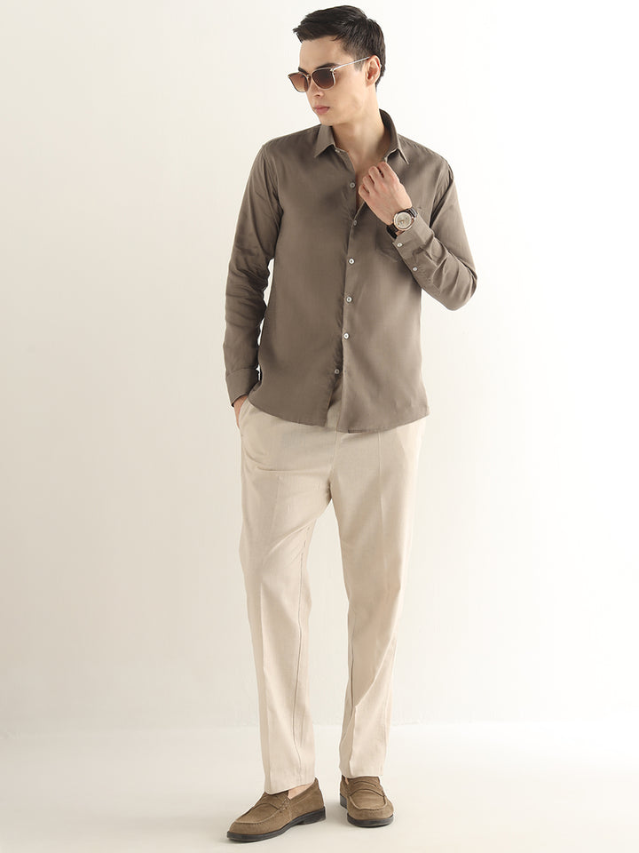 Hancock Men Khaki Solid Lyocell Slim Fit Formal Shirt