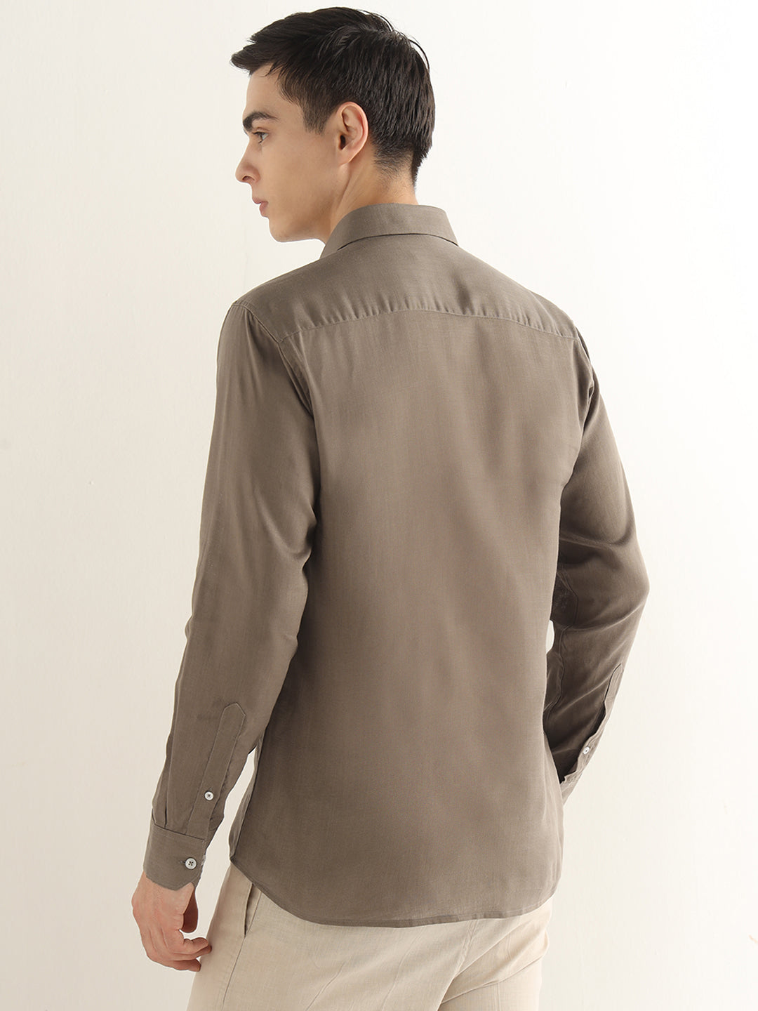 Hancock Men Khaki Solid Lyocell Slim Fit Formal Shirt