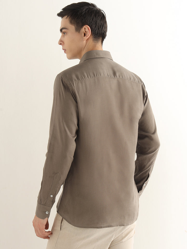 Hancock Men Khaki Solid Lyocell Slim Fit Formal Shirt