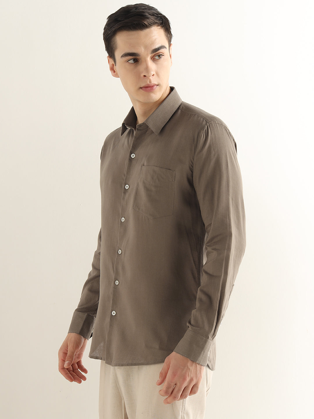 Hancock Men Khaki Solid Lyocell Slim Fit Formal Shirt