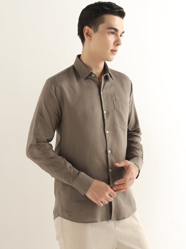Hancock Men Khaki Solid Lyocell Slim Fit Formal Shirt