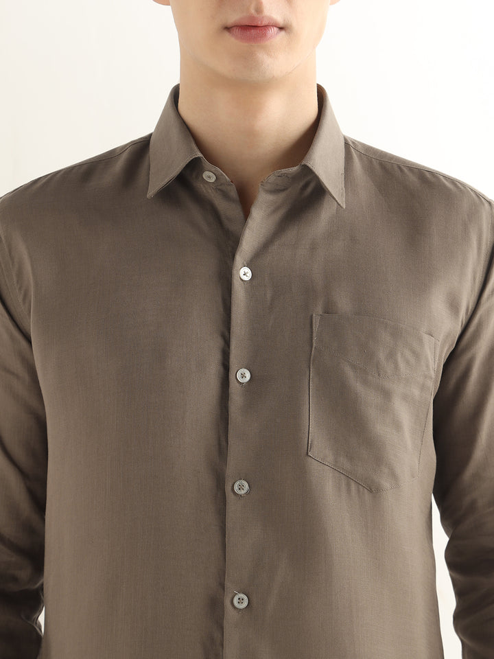 Hancock Men Khaki Solid Lyocell Slim Fit Formal Shirt
