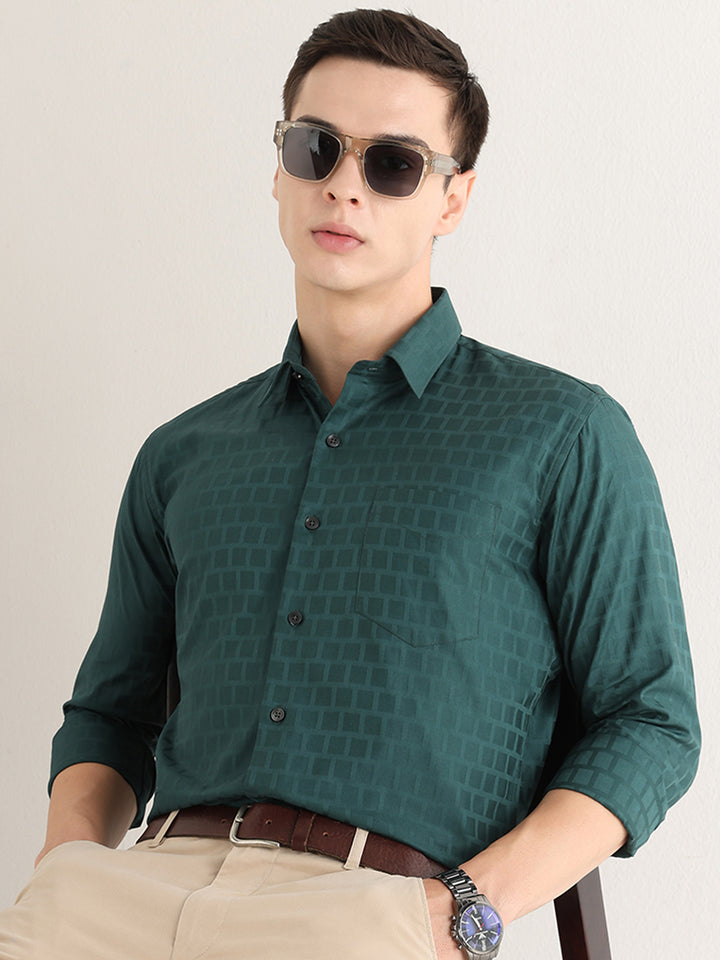 Hancock   Men   Dark Green   Solid Self Design   Pure Cotton   Slim Fit   Formal   Shirt