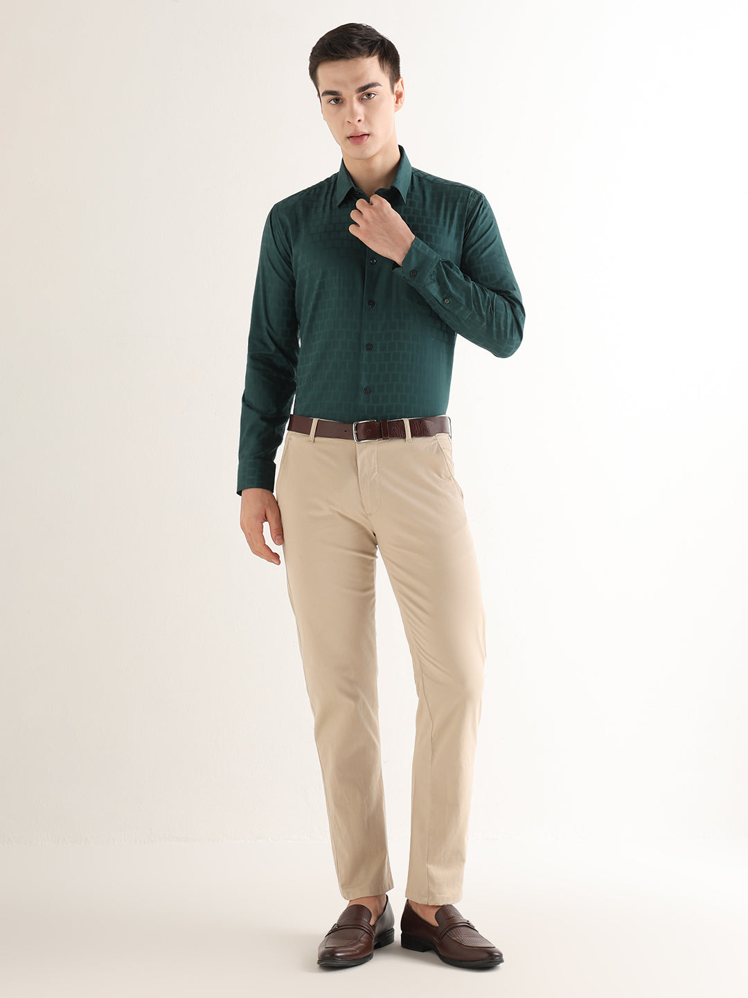 Hancock   Men   Dark Green   Solid Self Design   Pure Cotton   Slim Fit   Formal   Shirt