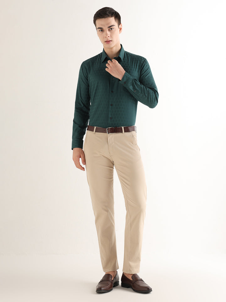 Hancock   Men   Dark Green   Solid Self Design   Pure Cotton   Slim Fit   Formal   Shirt