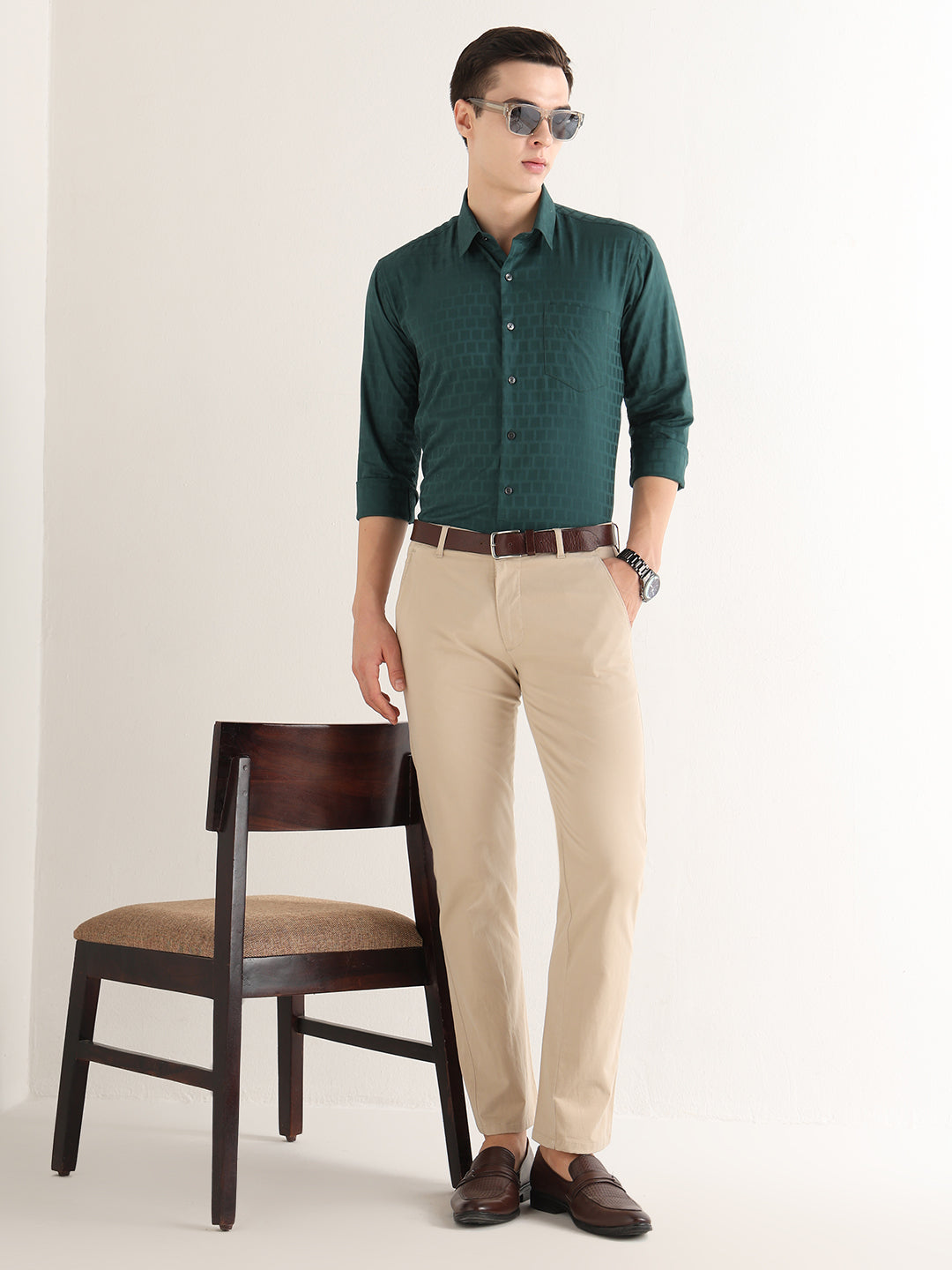 Hancock   Men   Dark Green   Solid Self Design   Pure Cotton   Slim Fit   Formal   Shirt