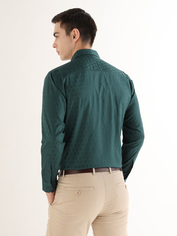 Hancock   Men   Dark Green   Solid Self Design   Pure Cotton   Slim Fit   Formal   Shirt