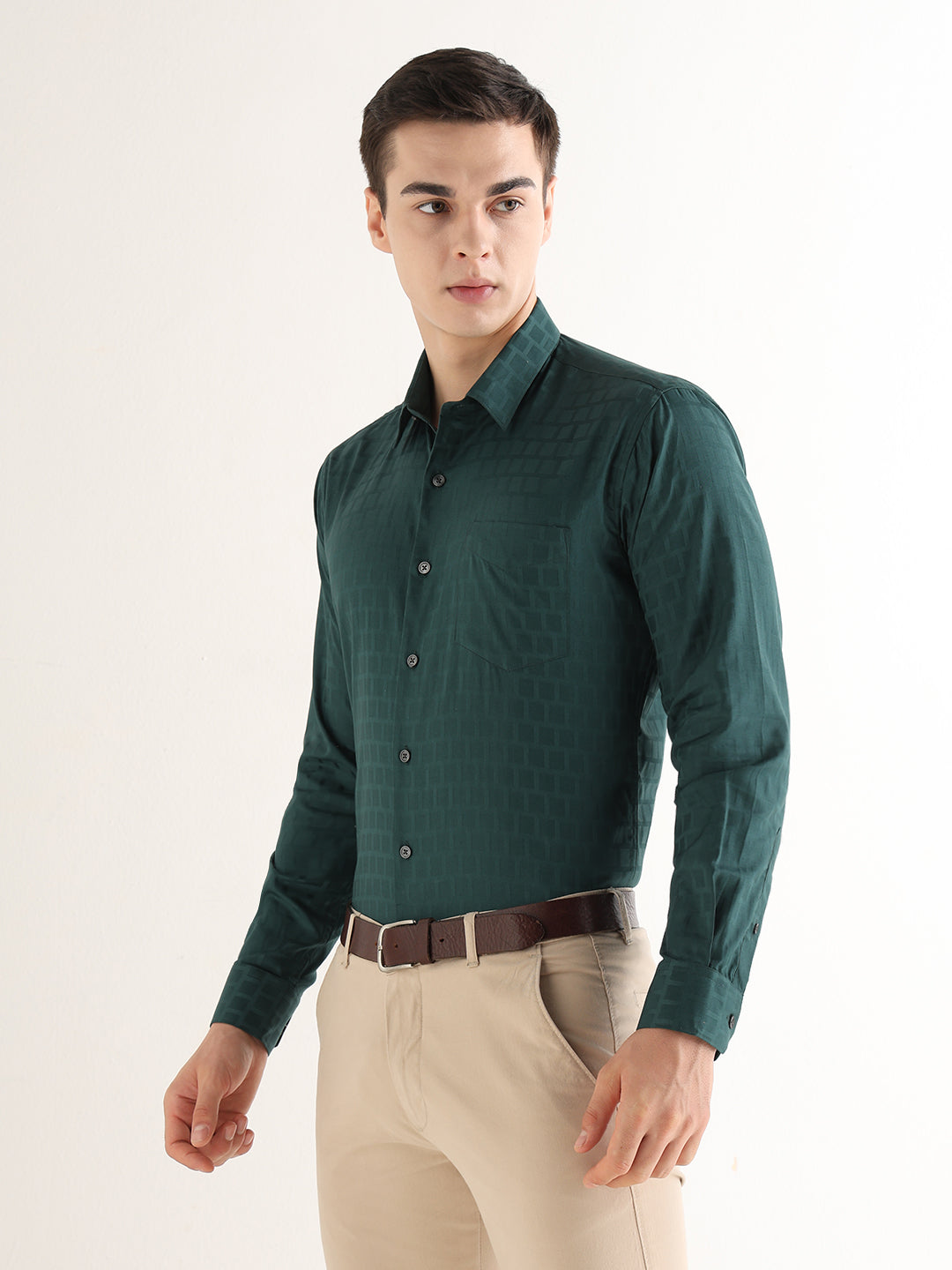 Hancock   Men   Dark Green   Solid Self Design   Pure Cotton   Slim Fit   Formal   Shirt