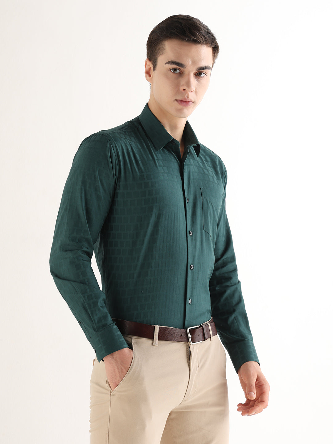 Hancock   Men   Dark Green   Solid Self Design   Pure Cotton   Slim Fit   Formal   Shirt