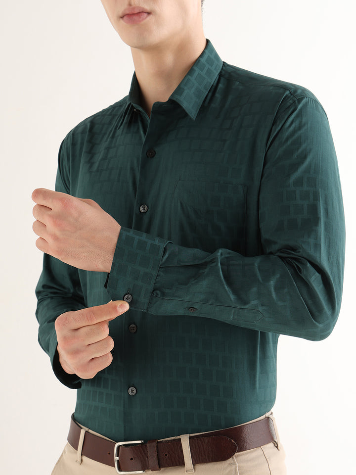 Hancock   Men   Dark Green   Solid Self Design   Pure Cotton   Slim Fit   Formal   Shirt