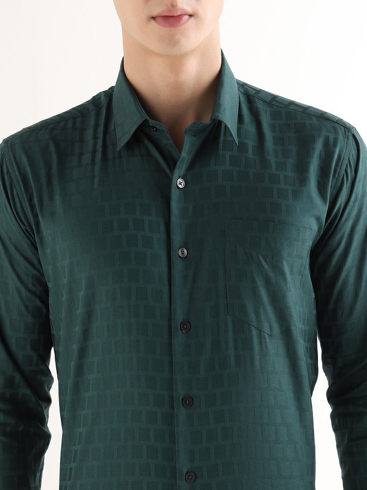Hancock   Men   Dark Green   Solid Self Design   Pure Cotton   Slim Fit   Formal   Shirt