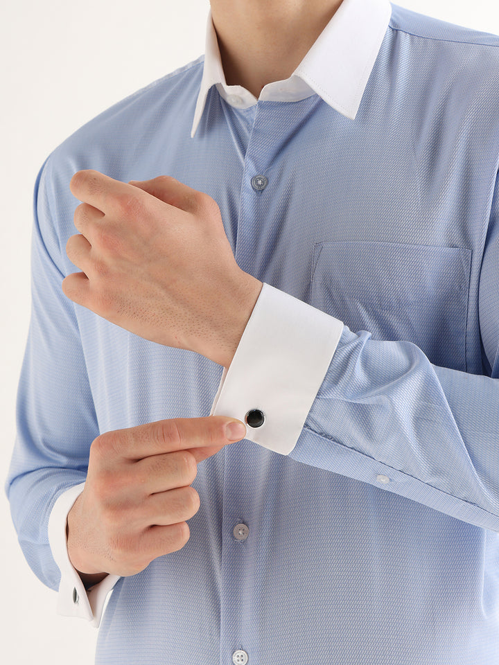 Hancock   Men   Blue   Solid Self Design   Pure Cotton   Slim Fit   Formal   Shirt