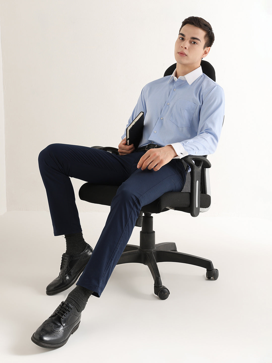 Hancock   Men   Blue   Solid Self Design   Pure Cotton   Slim Fit   Formal   Shirt