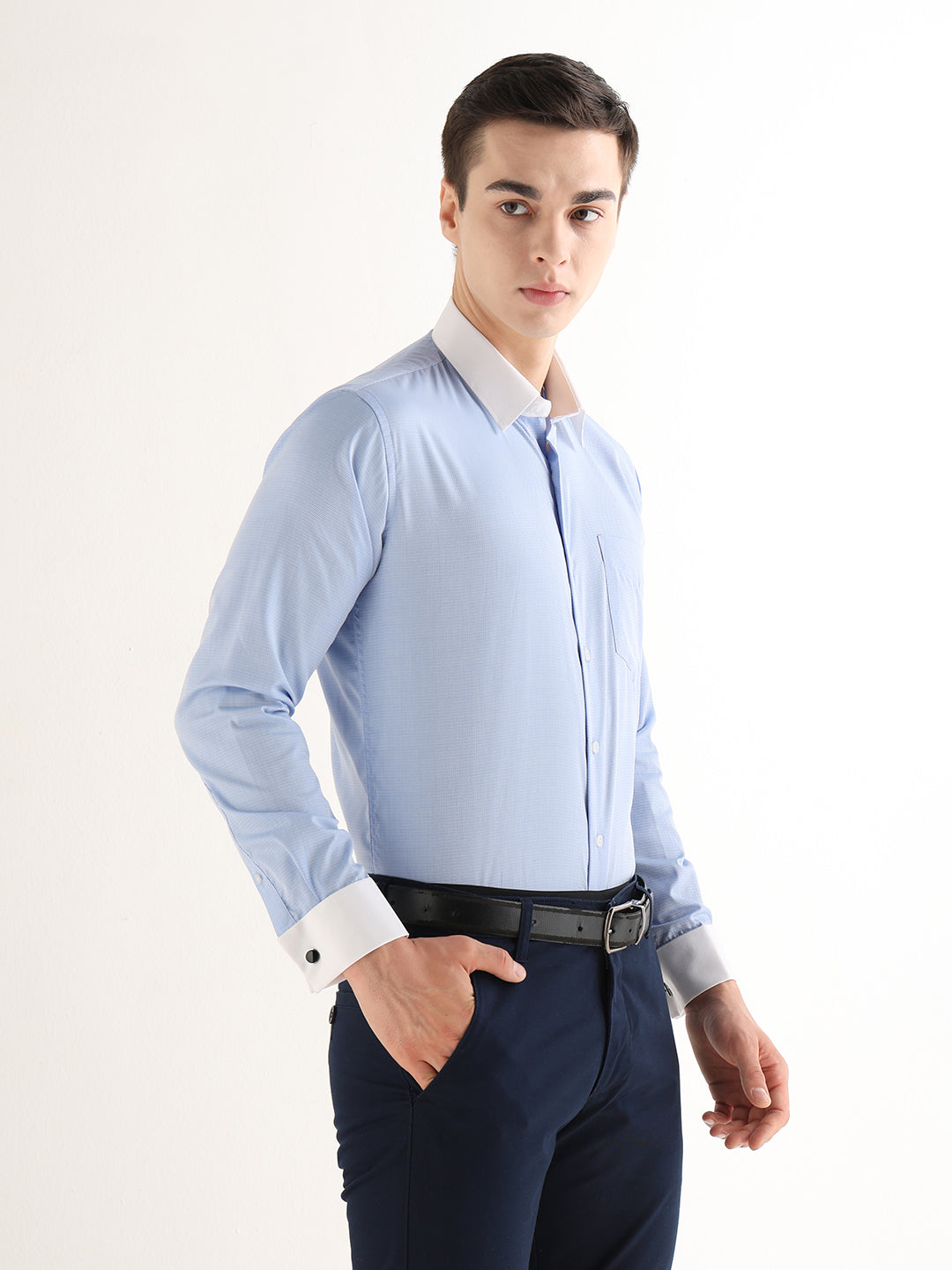 Hancock   Men   Blue   Solid Self Design   Pure Cotton   Slim Fit   Formal   Shirt
