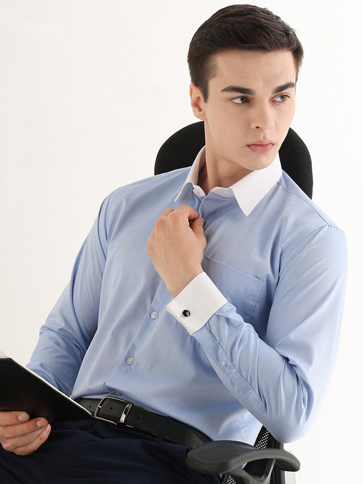 Hancock   Men   Blue   Solid Self Design   Pure Cotton   Slim Fit   Formal   Shirt