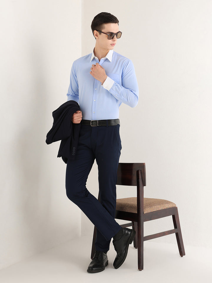 Hancock   Men   Sky Blue   Solid Self Design   Pure Cotton   Slim Fit   Formal   Shirt
